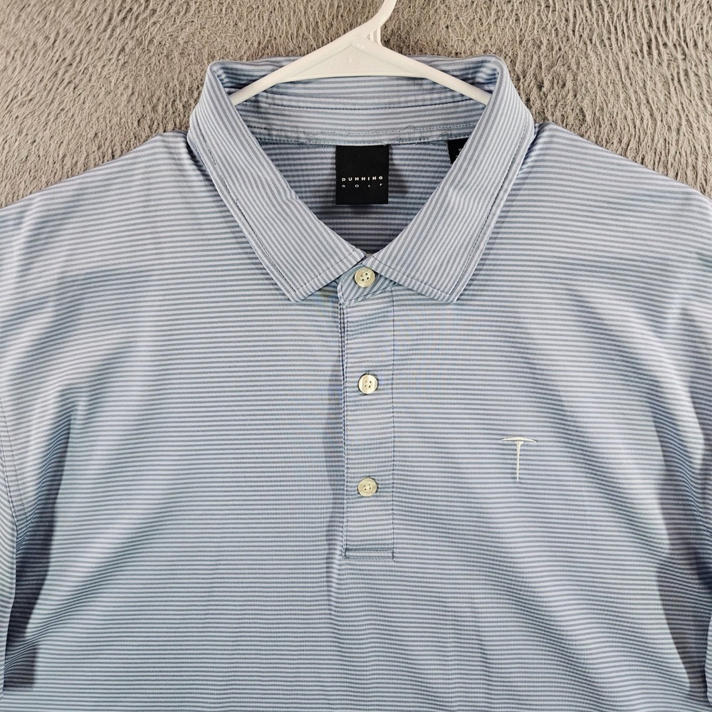 Dunning Golf Mens XL Polo Shirt Blue White Striped Short Slv Performance Stretch